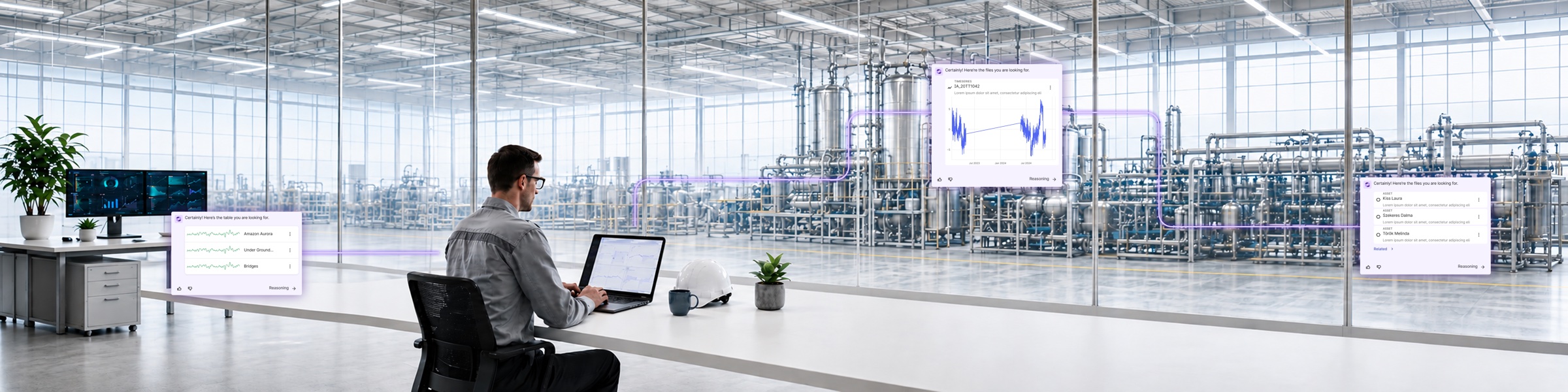 Reliability engineer at a plant workstation with Atlas AI agent cards