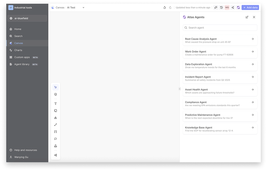 The existing Atlas Agents pane, where the agent is chosen manually before the conversation starts.