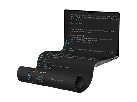 A scroll of generated prototype code unrolling out of a laptop.