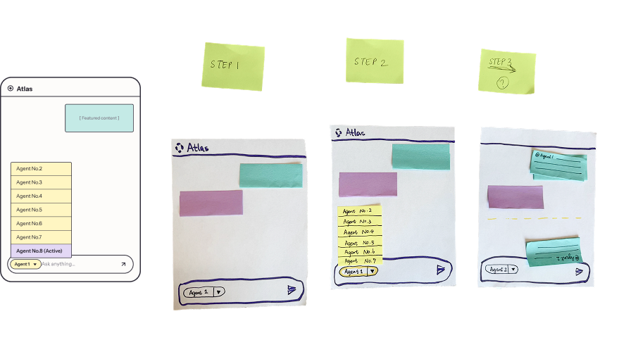 Paper prototype of the second model, with the agent selector embedded in the input at the bottom.