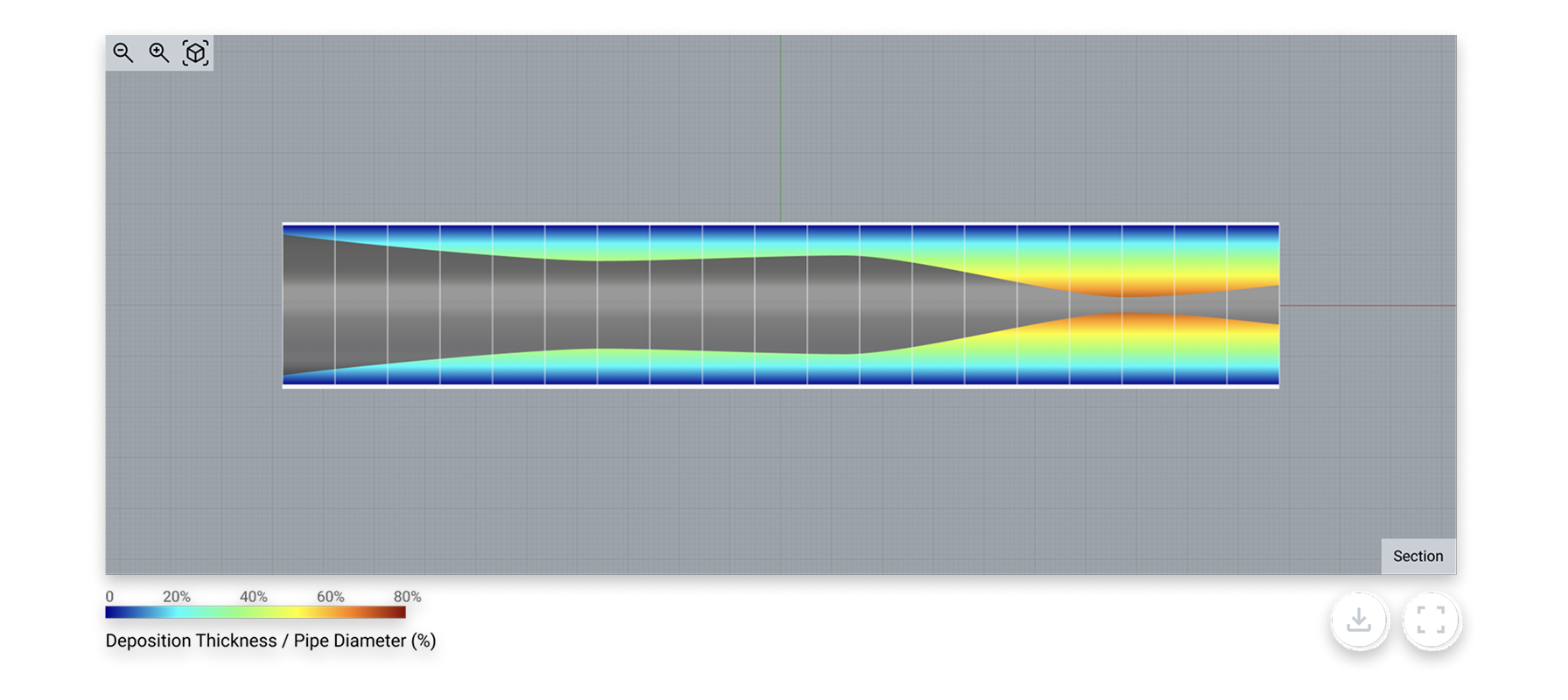 3D deposition report: predicted blockage rendered inside the pipe