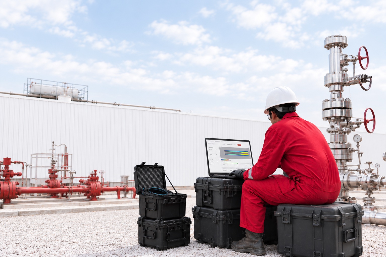 Field technician using InnerVue on a laptop at a wellhead