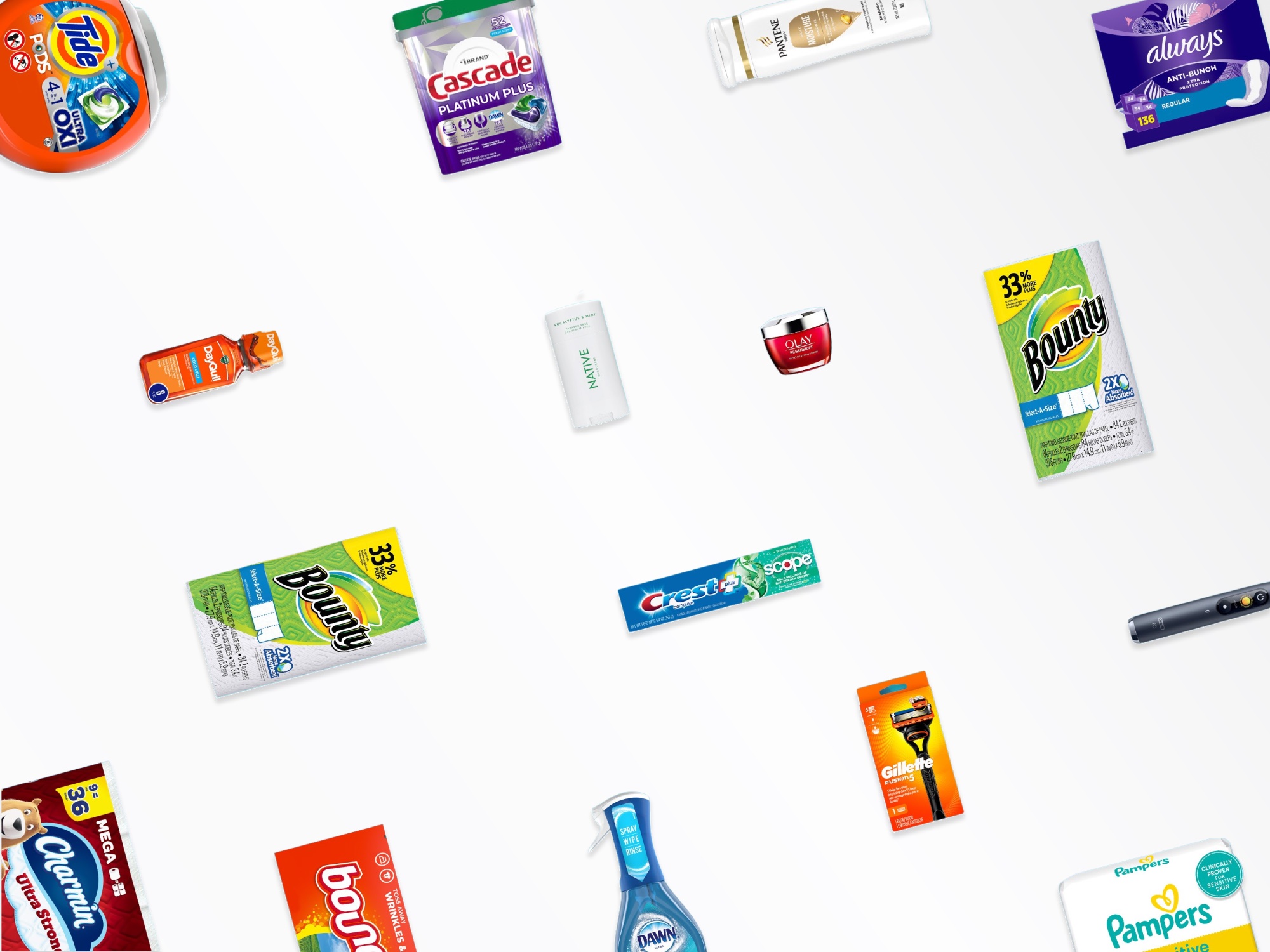 P&G product packaging arranged on a white field