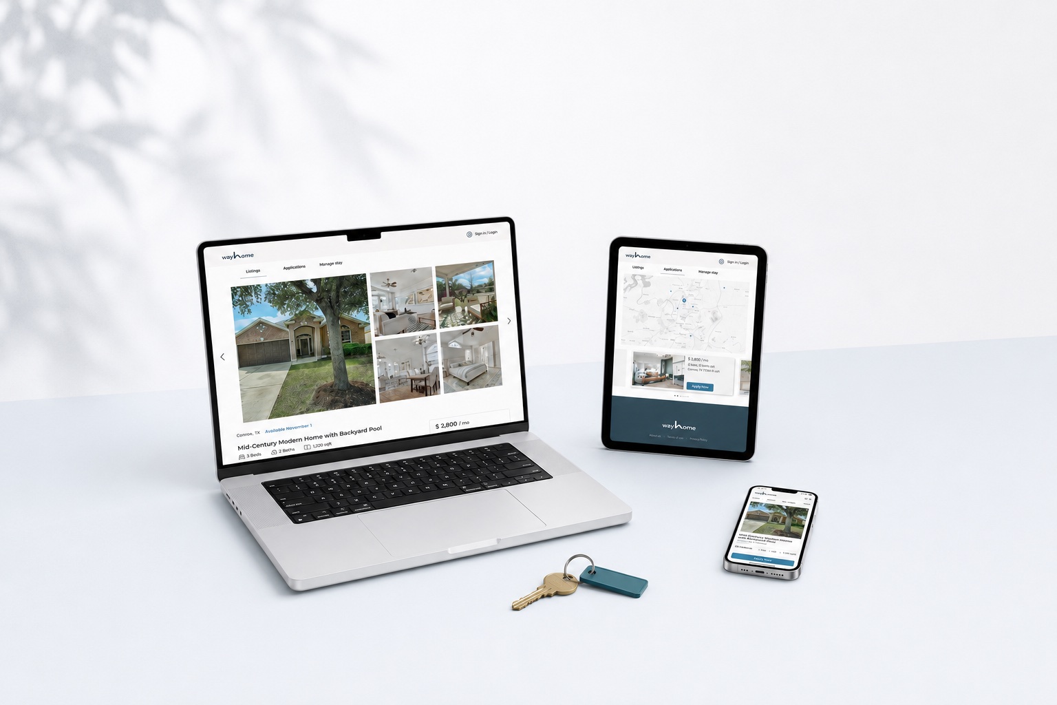 WayHome listing page on laptop, tablet, and phone
