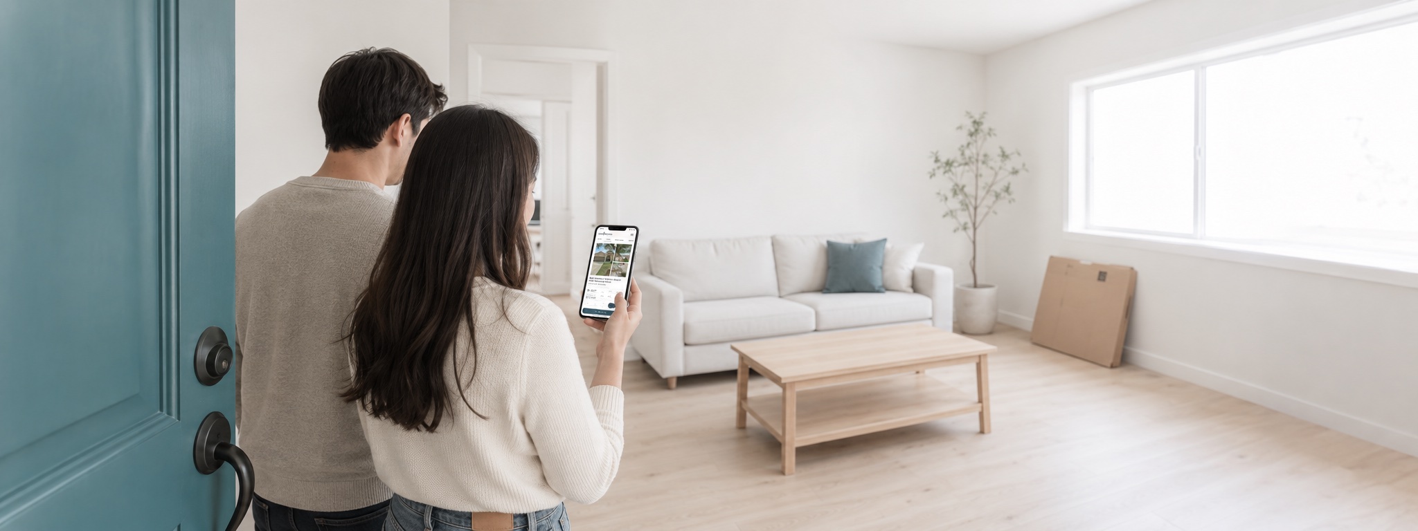 Couple viewing a WayHome listing on a phone in a furnished living room