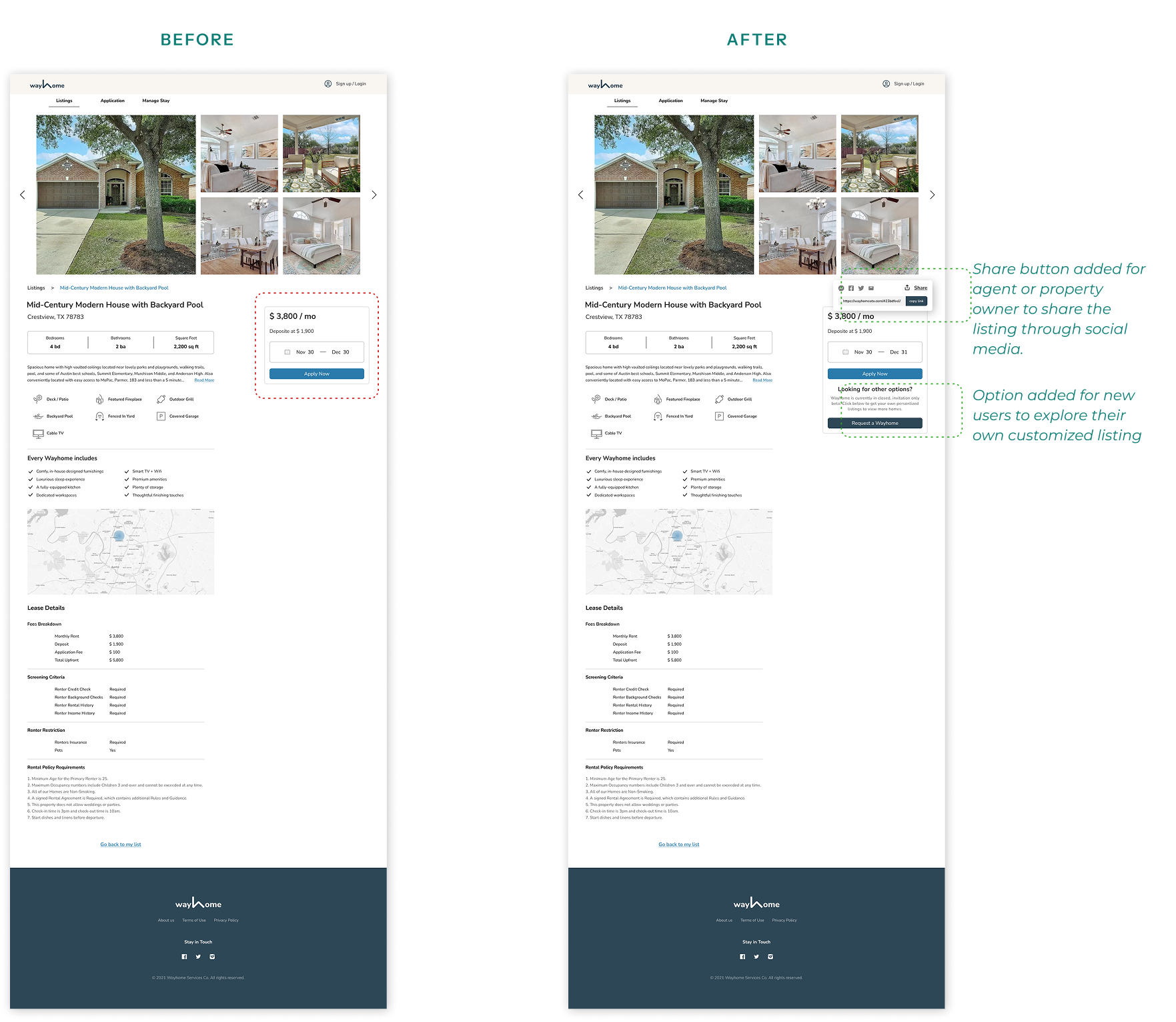 The listing page before and after: a share button for agents and owners, and an option for new users to explore a customized listing.